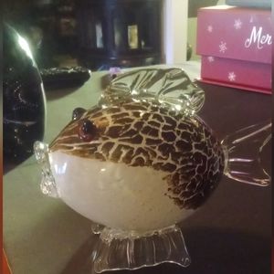 Blown glass leopard puffer fish